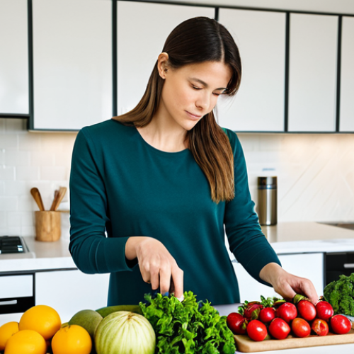 Home 4 A professional female nutritionist in a modest business casual outfit, thoughtfully arranging a vibrant display of fresh fruits, leafy green vegetables, and whole grains on a clean, modern kitchen counter. Her expression is focused and calm, conveying a sense of well-being and expertise in brain health. The background is a bright, minimalist kitchen with natural light. This image captures the essence of nutrition for mental clarity. fully clothed, appropriate attire, safe for work, perfect anatomy, natural proportions, well-formed hands, proper finger count, natural body proportions, professional photography, high quality, appropriate content, professional.