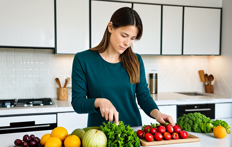 A professional female nutritionist in a modest business casual outfit, thoughtfully arranging a vibrant display of fresh fruits, leafy green vegetables, and whole grains on a clean, modern kitchen counter. Her expression is focused and calm, conveying a sense of well-being and expertise in brain health. The background is a bright, minimalist kitchen with natural light. This image captures the essence of nutrition for mental clarity. fully clothed, appropriate attire, safe for work, perfect anatomy, natural proportions, well-formed hands, proper finger count, natural body proportions, professional photography, high quality, appropriate content, professional.