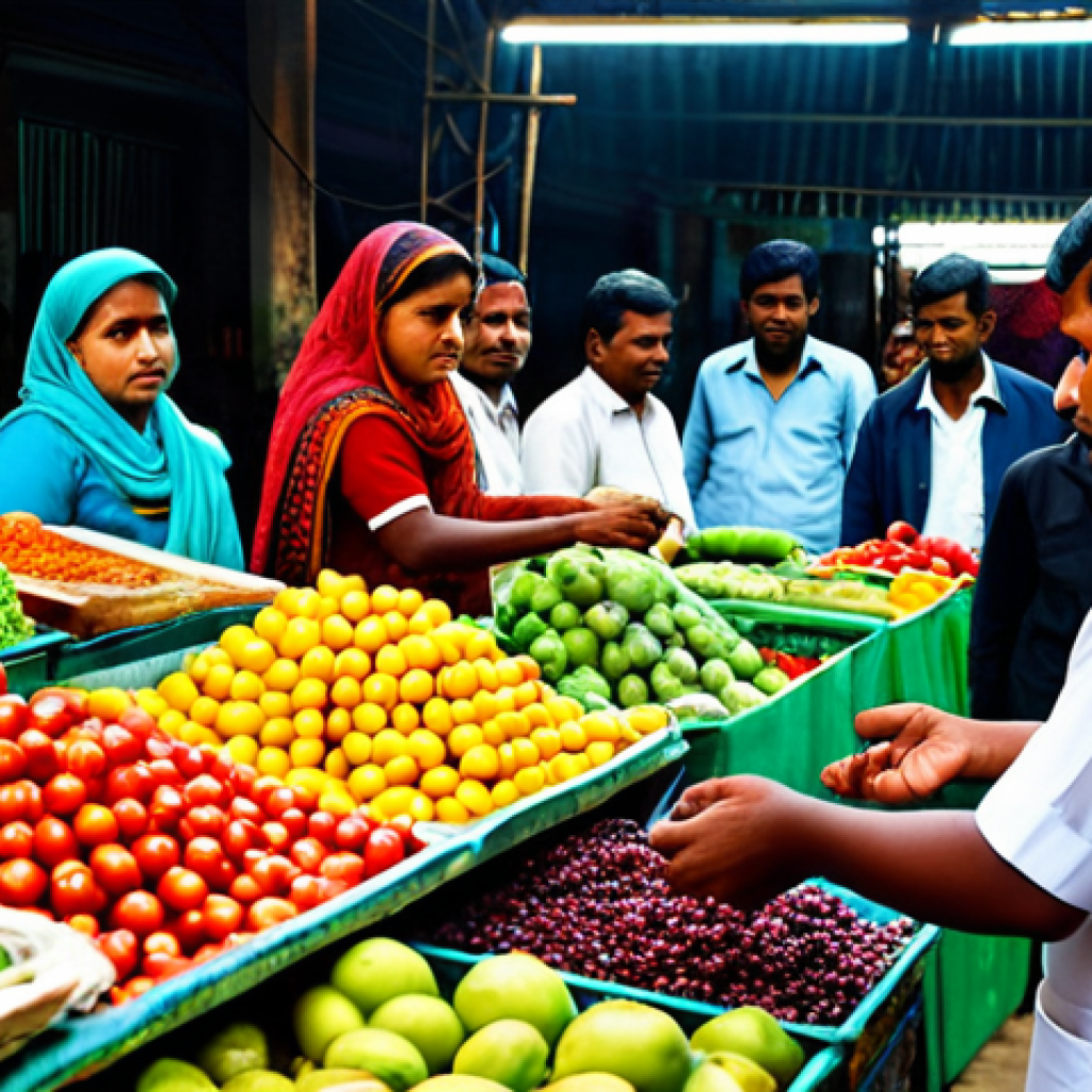 식품영양학 전공과목 - "A market scene in Bangladesh, with vendors selling fresh produce, fully clothed shoppers selecting ...