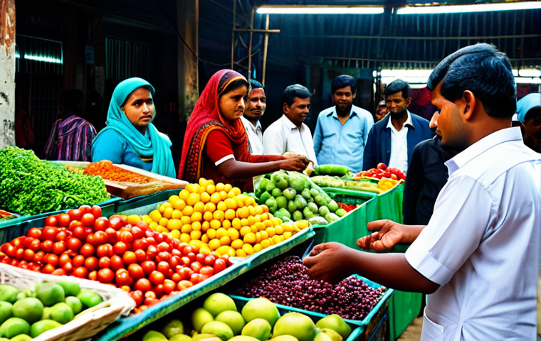 식품영양학 전공과목 - "A market scene in Bangladesh, with vendors selling fresh produce, fully clothed shoppers selecting ...