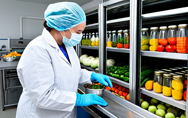 식품영양학 전공과목 - "A nutritionist creating a balanced diet plan, including various food groups: vegetables, fruits, gr...