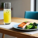 영양학 기초 개념 - **Prompt:** A young adult, around 25-30 years old, with a bright, contented smile, is seated at a mi...