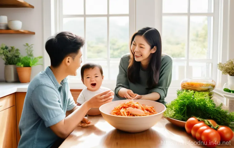 김치 유산균 연구 - **Prompt:** A vibrant, close-up, high-angle shot of a diverse group of healthy individuals, includin...
