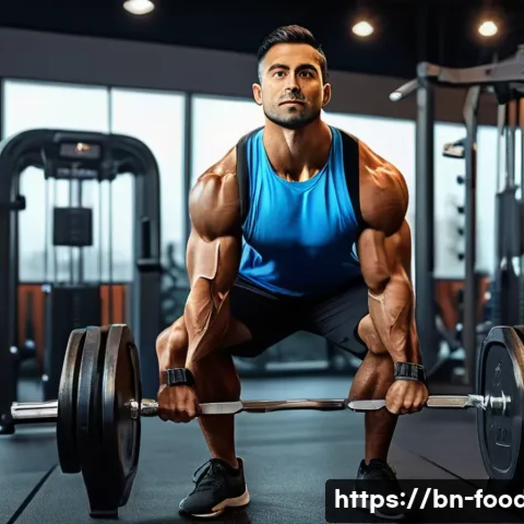 단백질 합성과 운동 효과 - A detailed, realistic illustration of a healthy adult Bengali man in athletic wear, performing stren...