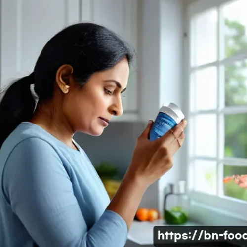 건강기능식품 허위 광고 판별법 - A detailed, realistic scene of a Bengali middle-aged woman carefully reading the ingredient label on...