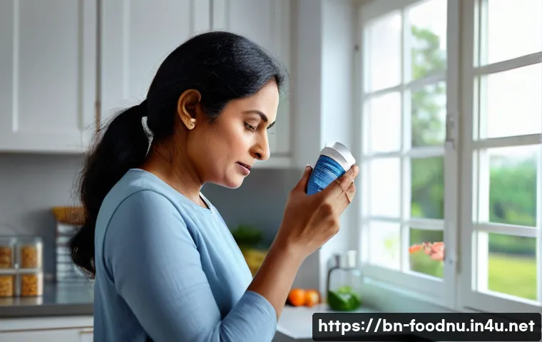 건강기능식품 허위 광고 판별법 - A detailed, realistic scene of a Bengali middle-aged woman carefully reading the ingredient label on...