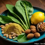 간 건강을 위한 식단 - A vibrant still life composition featuring a variety of natural superfoods for liver health, includi...