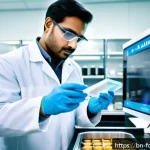 식품 화학 분석 - A high-tech biochemical sensor device analyzing fresh Bengali food samples in a modern laboratory se...