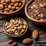 면역 강화 식품 리스트 - A vibrant, detailed still life composition featuring a variety of nutritious nuts and seeds native t...
