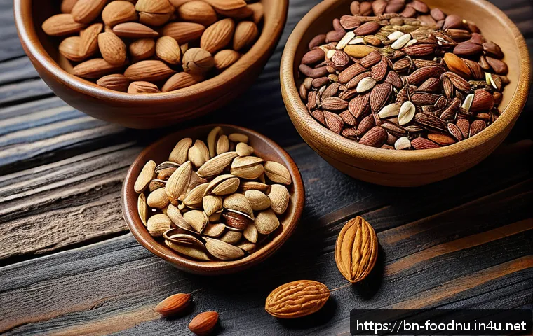 면역 강화 식품 리스트 - A vibrant, detailed still life composition featuring a variety of nutritious nuts and seeds native t...