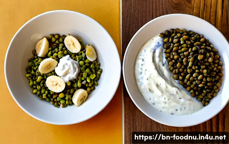 프리바이오틱스와 프로바이오틱스 차이 - Photorealistic split-screen kitchen table comparison, left side colorful high-fiber prebiotic foods ...