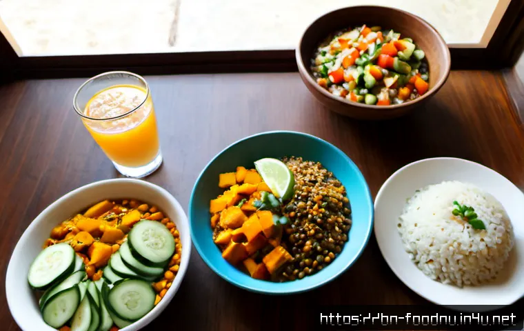 다이어트 식단 구성법 - Photorealistic overhead view of a balanced Bengali-inspired diet meal plan on a clean wooden dining ...